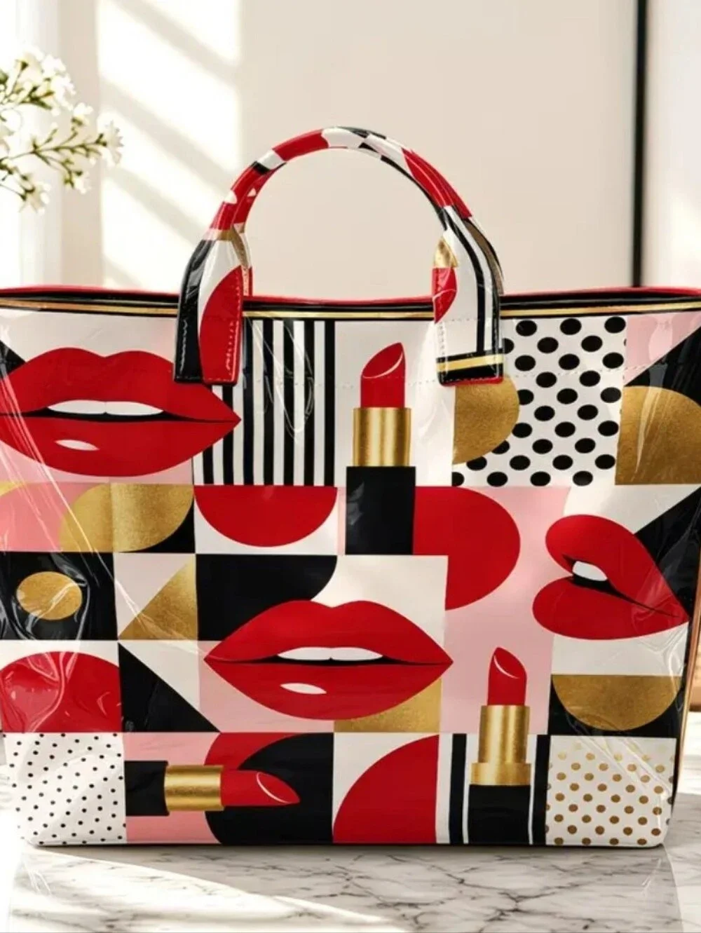 Women Retro Polka Dot Lipstick Print PVC Large Tote Bag